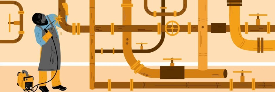 Welder worker welding pipeline constructions